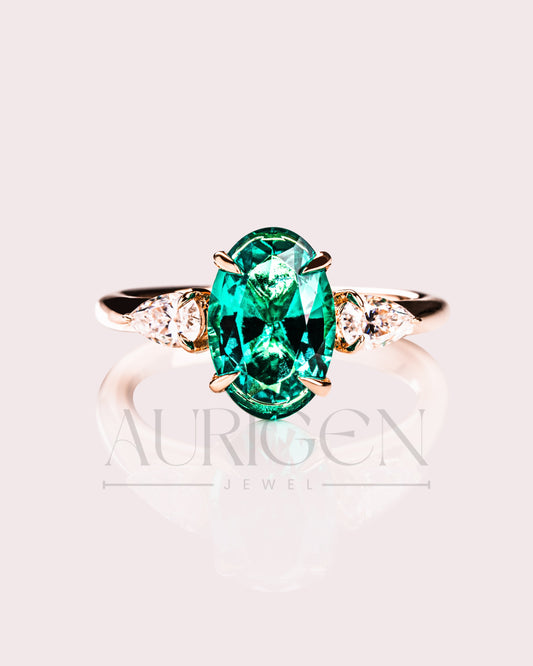 Three Stone Green Oval Cut Moissanite & Lab Grown Diamond Ring