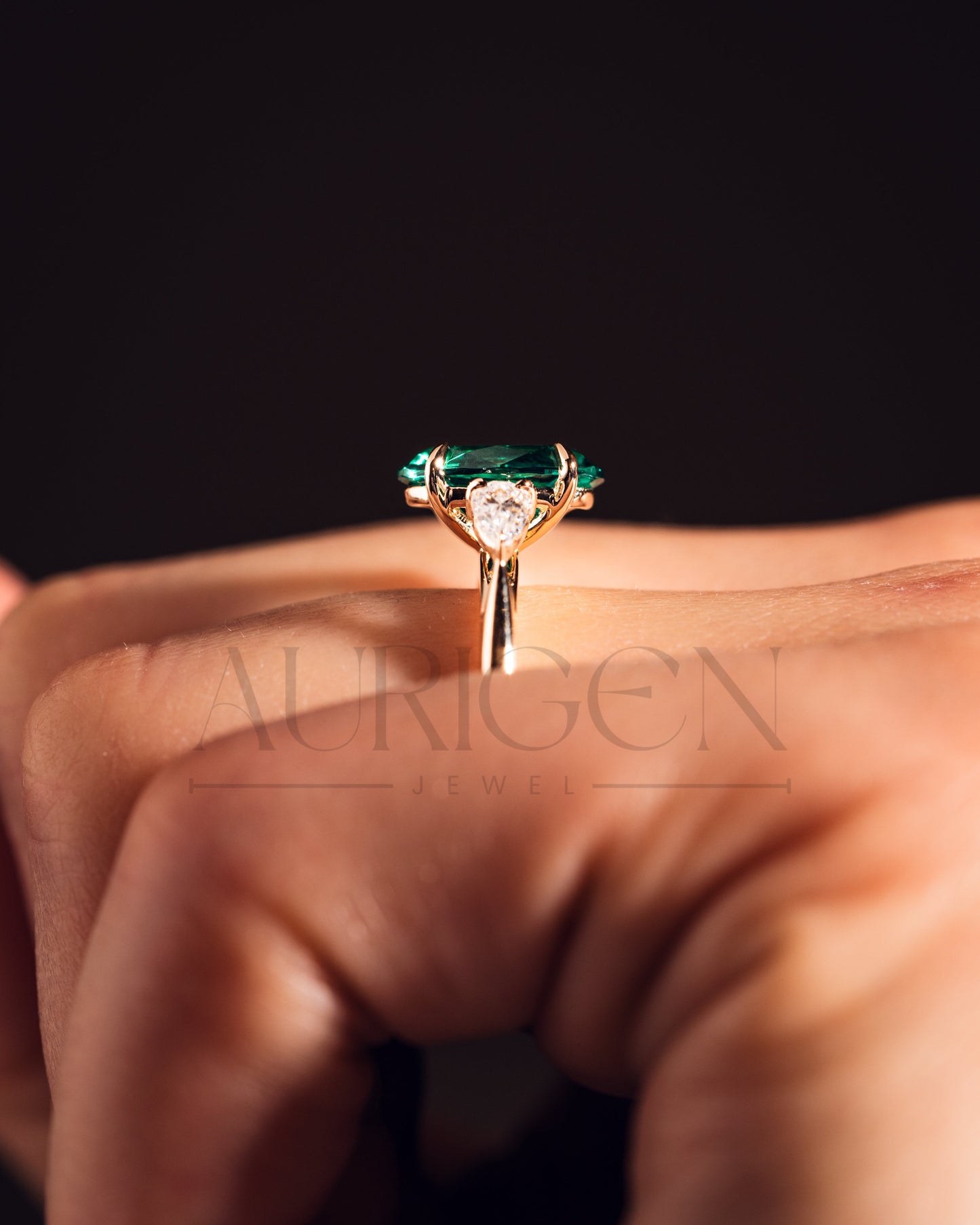 Three Stone Green Oval Cut Moissanite & Lab Grown Diamond Ring