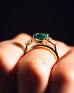 Three Stone Green Oval Cut Moissanite & Lab Grown Diamond Ring