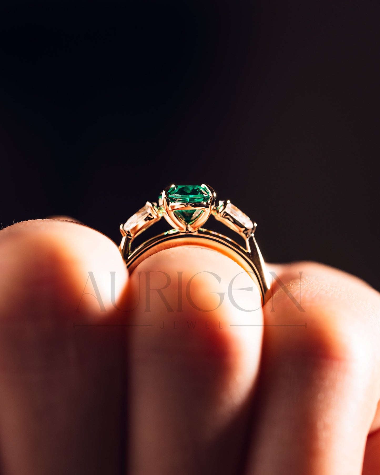 Three Stone Green Oval Cut Moissanite & Lab Grown Diamond Ring