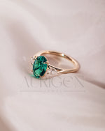 Three Stone Green Oval Cut Moissanite & Lab Grown Diamond Ring