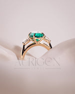 Three Stone Green Oval Cut Moissanite & Lab Grown Diamond Ring