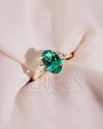 Three Stone Green Oval Cut Moissanite & Lab Grown Diamond Ring