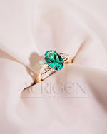 Three Stone Green Oval Cut Moissanite & Lab Grown Diamond Ring