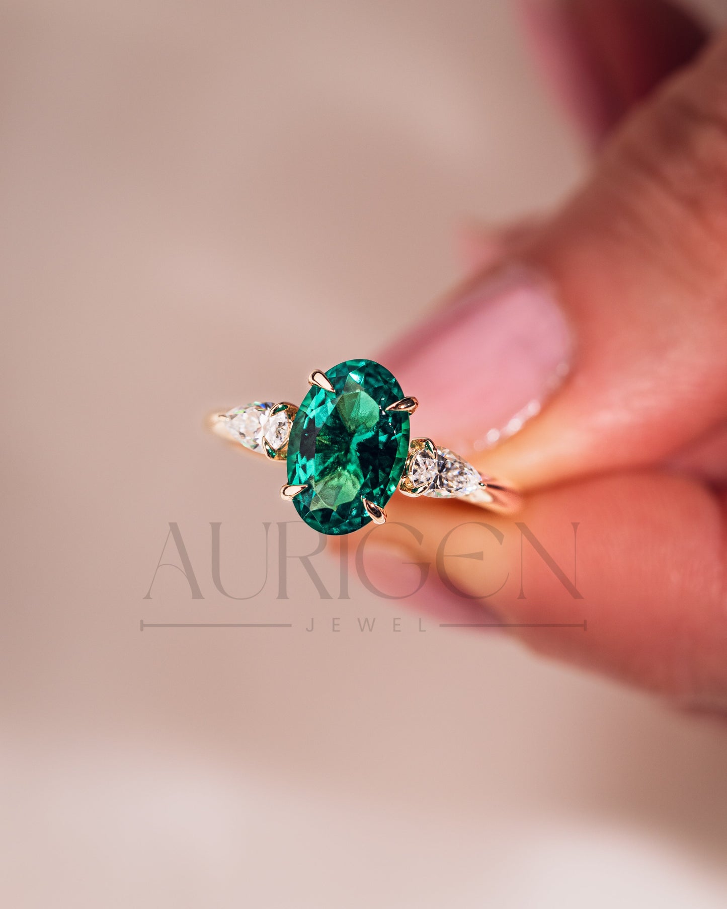 Three Stone Green Oval Cut Moissanite & Lab Grown Diamond Ring