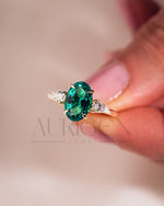 Three Stone Green Oval Cut Moissanite & Lab Grown Diamond Ring