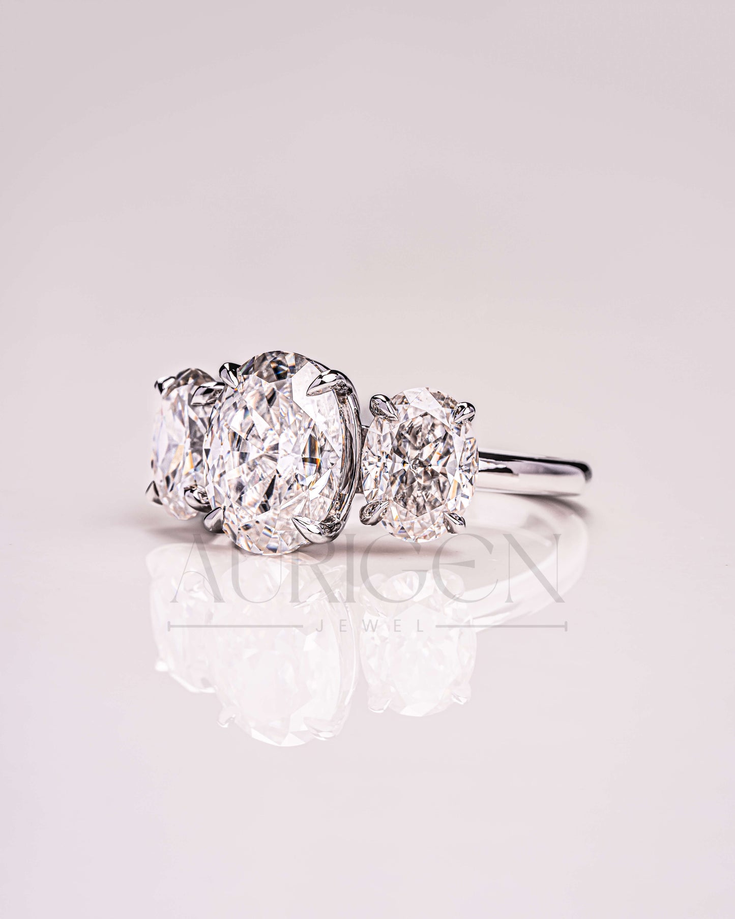 Three Stone Oval Cut Engagement Ring in Solid Gold – Ice Crushed Moissanite and Lab Diamond