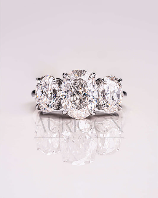 Three Stone Oval Cut Engagement Ring in Solid Gold – Ice Crushed Moissanite and Lab Diamond