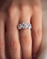 Three Stone Oval Cut Engagement Ring in Solid Gold – Ice Crushed Moissanite and Lab Diamond