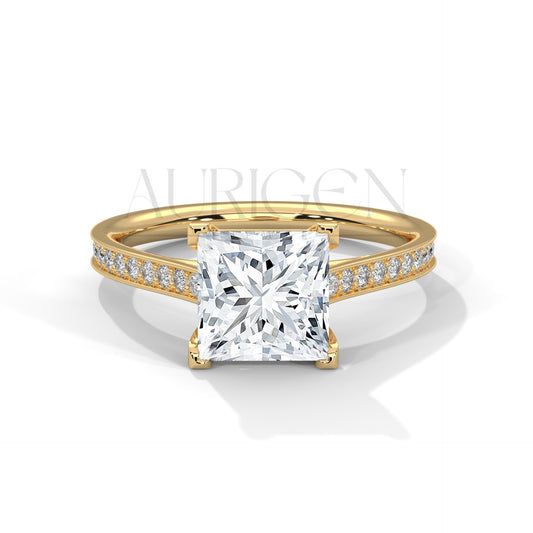 14K Solid Gold Princess Cut Diamond Engagement Ring with Pave Band