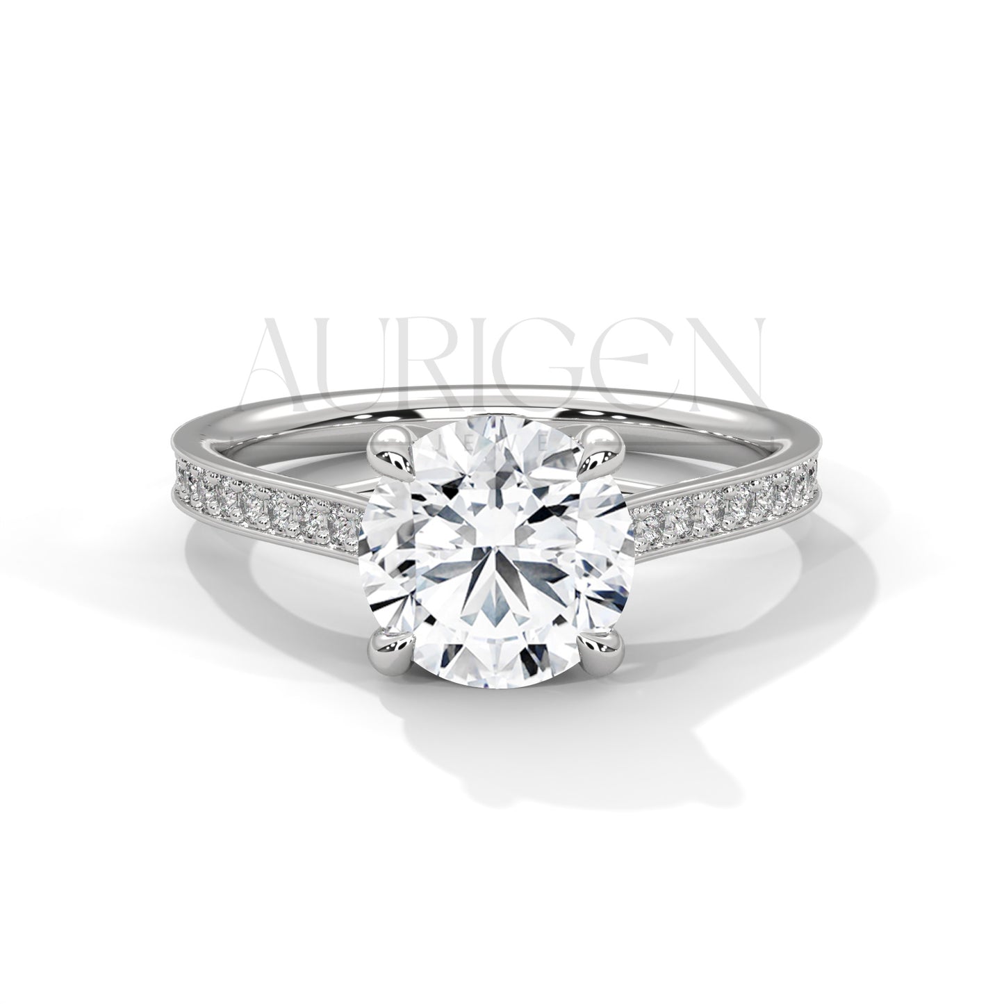 Classic 4 Prong Round Diamond Engagement Ring with Pave Band in 14K Solid Gold