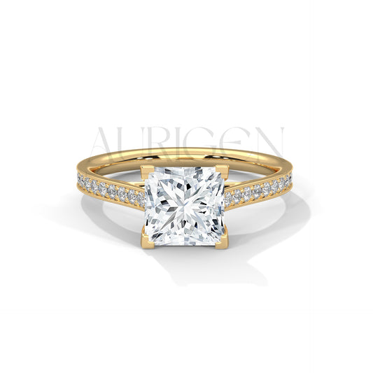 2 Ct Modern Princess Cut Diamond Ring in 14K Solid Gold with Pave Setting