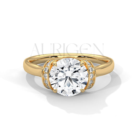 Round Cut Diamond Ring with Double Crescent Pave Claw Setting in 14K Solid Gold