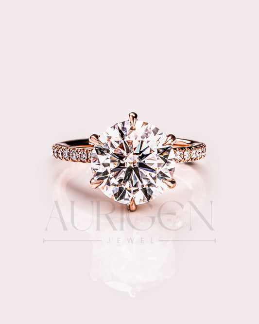 Rose Gold Round Cut Engagement Ring with Hidden Halo Moissanite and Leb Diamond Ring