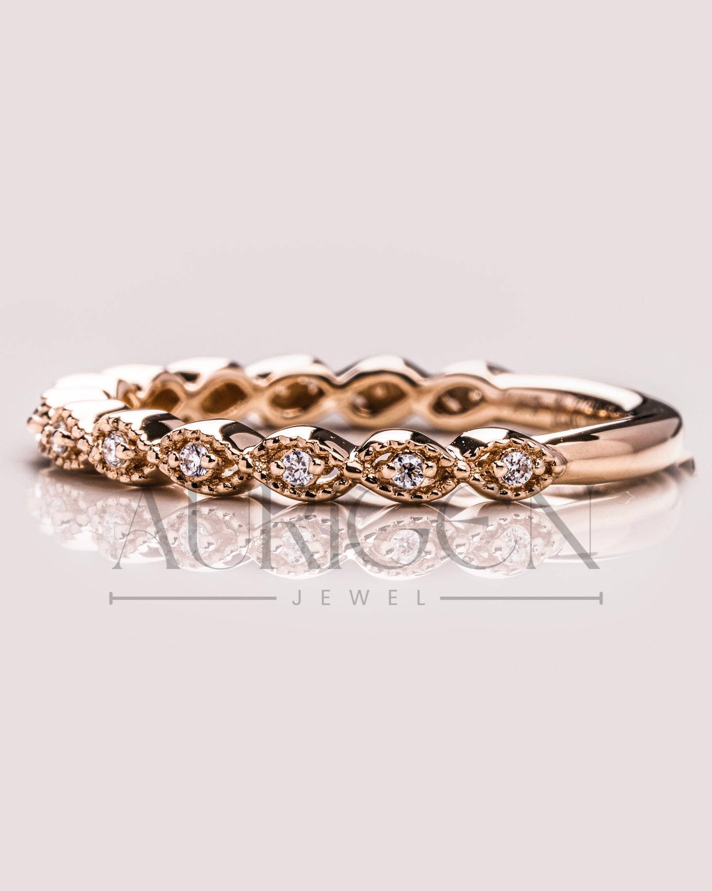 Antique Bloom Band – Round Cut 14K Solid Gold Moissanite and Lab Grown Diamond Elegance