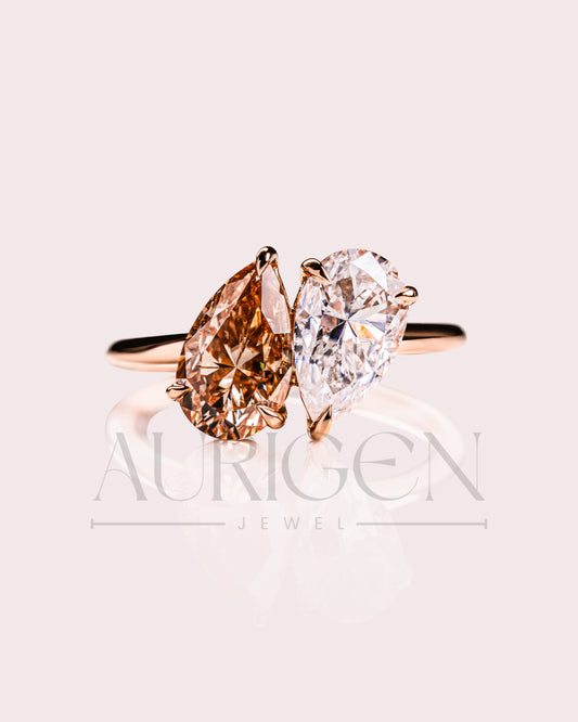 14k Solid Gold Two-Stone Pear Cut Lab Grown and Moissanite Diamond Engagement Ring