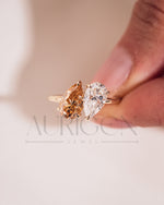 14k Solid Gold Two-Stone Pear Cut Lab Grown and Moissanite Diamond Engagement Ring