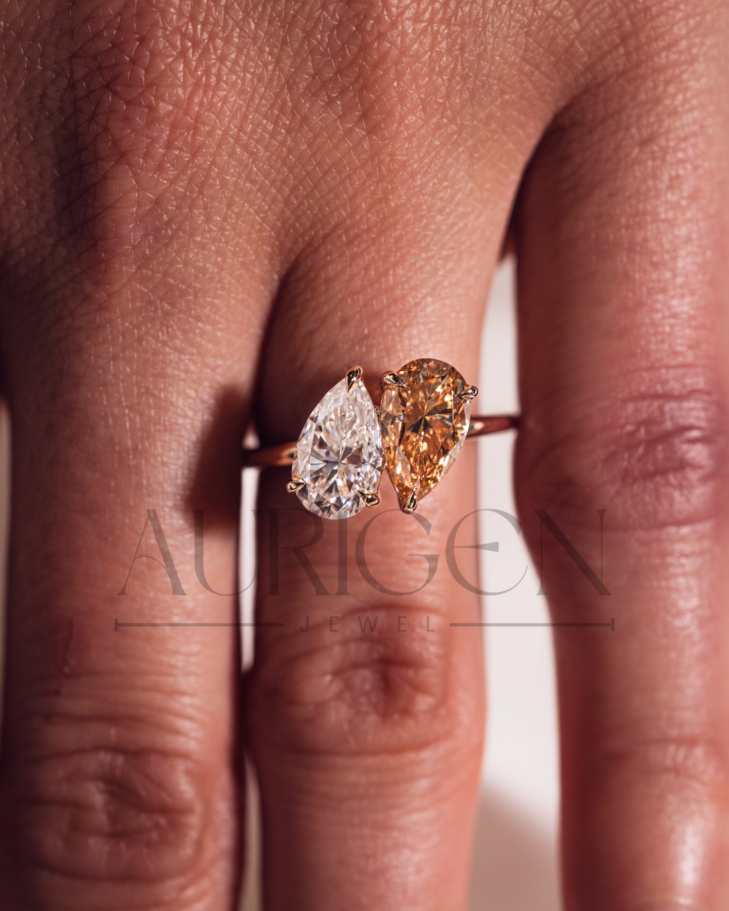 14k Solid Gold Two-Stone Pear Cut Lab Grown and Moissanite Diamond Engagement Ring