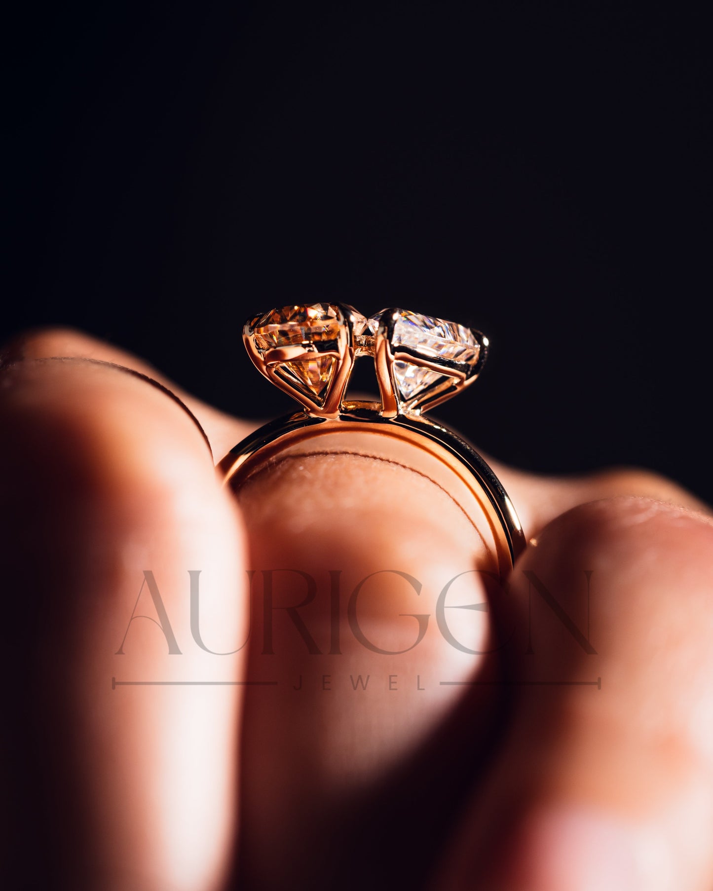 14k Solid Gold Two-Stone Pear Cut Lab Grown and Moissanite Diamond Engagement Ring
