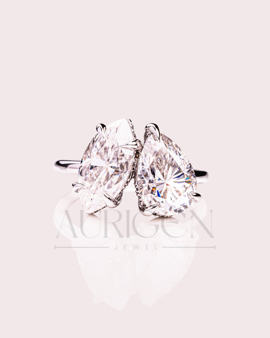 Marquise & Pear Moissanite and Leb Toi et Moi and Hidden Halo Ring 14K White Gold