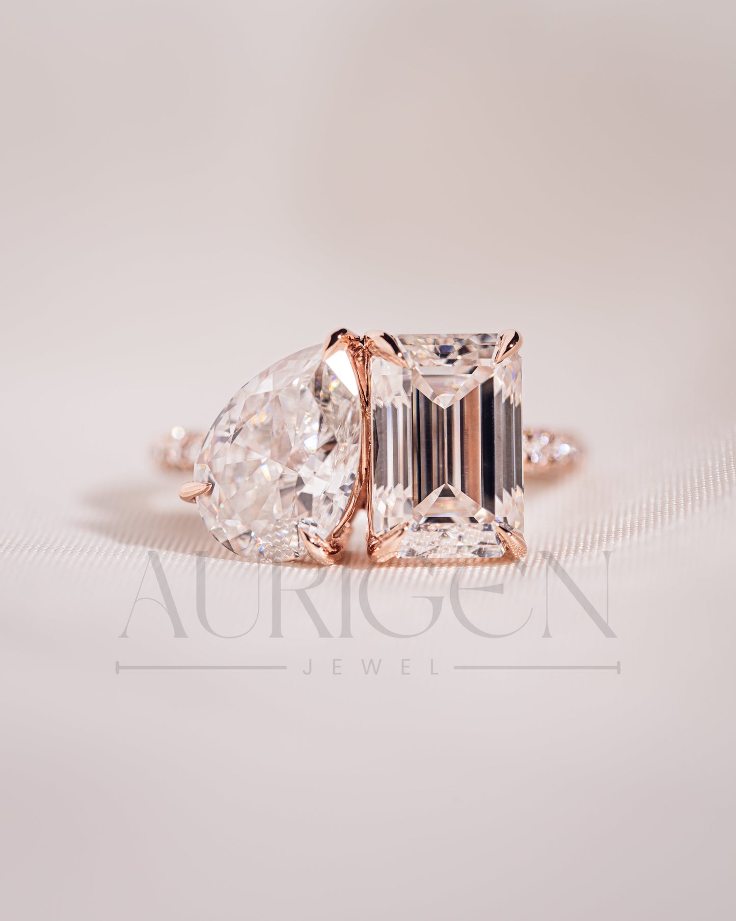 Unique Emerald & Pear Cut Moissanite and Lab Grown Diamond Engagement Ring