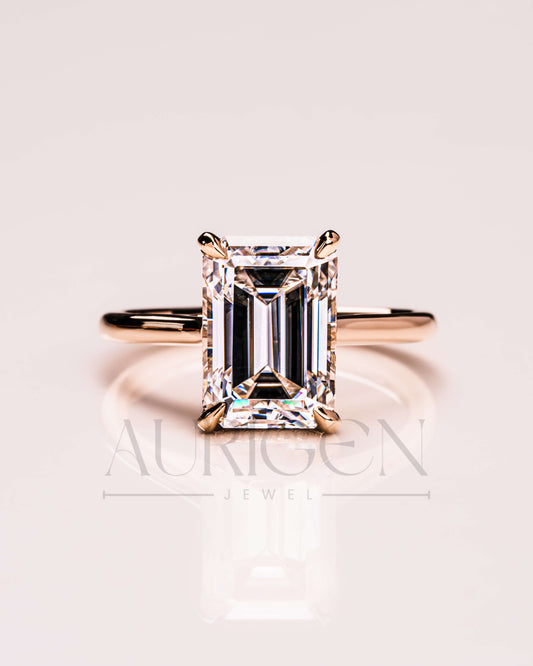 Emerald Cut Moissanite and Lab Grown Diamond Ring With Hidden Halo