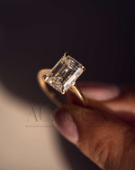 Emerald Cut Moissanite and Lab Grown Diamond Ring With Hidden Halo