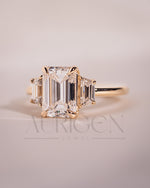 Unique Emerald Cut with Trapezoid Side Stones Moissanite and Leb Grown Engagement Ring 14k Yellow Gold