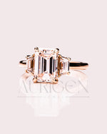 Unique Emerald Cut with Trapezoid Side Stones Moissanite and Leb Grown Engagement Ring 14k Yellow Gold