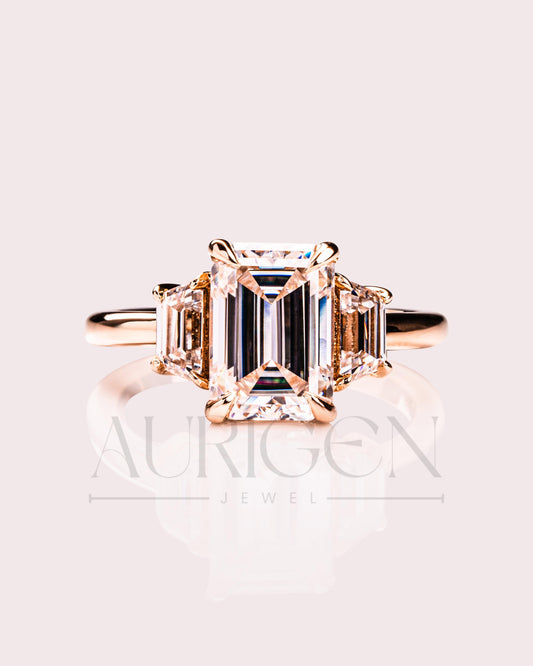 Unique Emerald Cut with Trapezoid Side Stones Moissanite and Leb Grown Engagement Ring 14k Yellow Gold