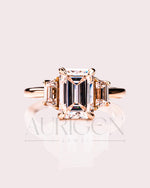 Unique Emerald Cut with Trapezoid Side Stones Moissanite and Leb Grown Engagement Ring 14k Yellow Gold