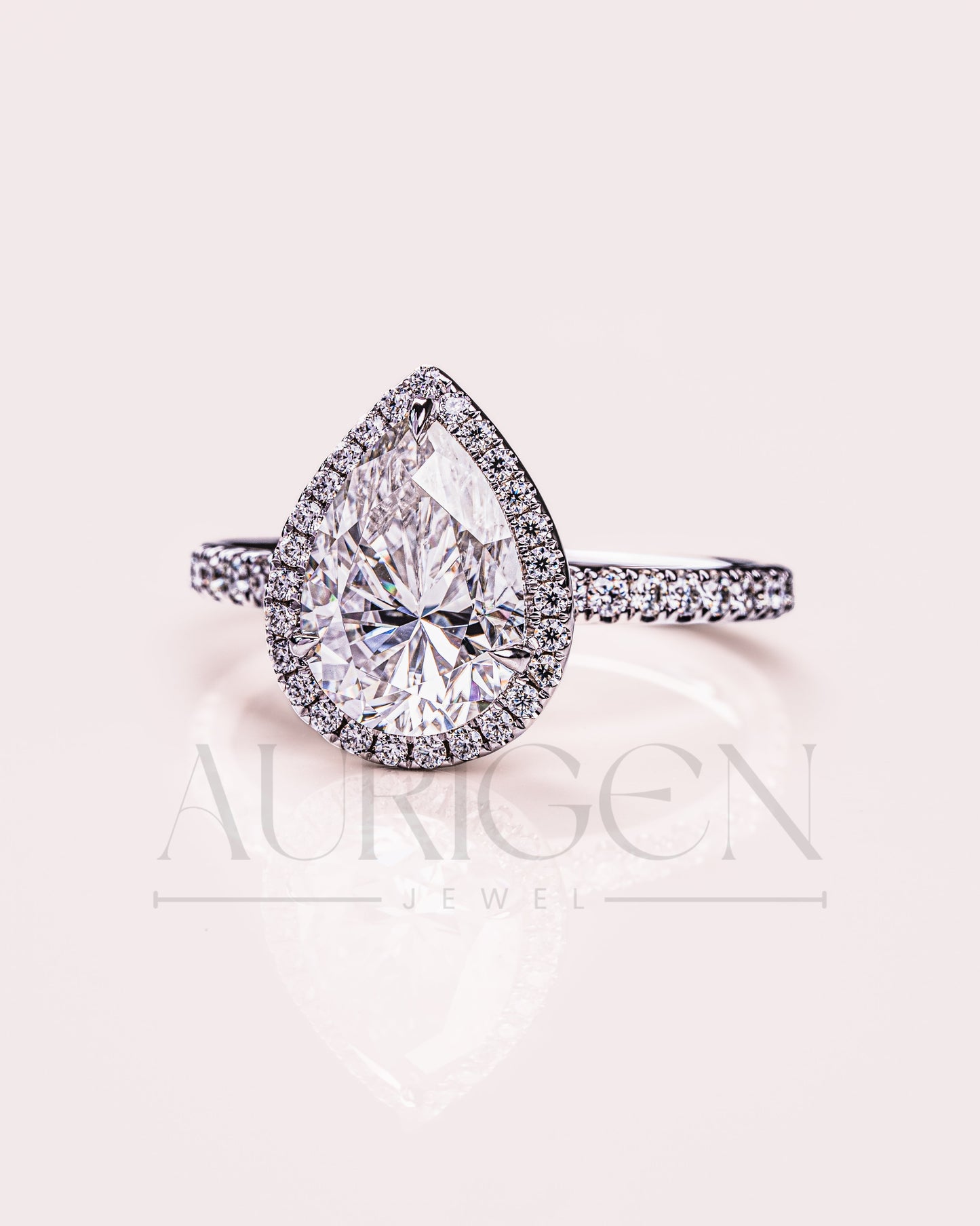 Pear Cut Halo & Pave Engagement Ring with Moissanite and Lab Diamond – 14K Solid Gold