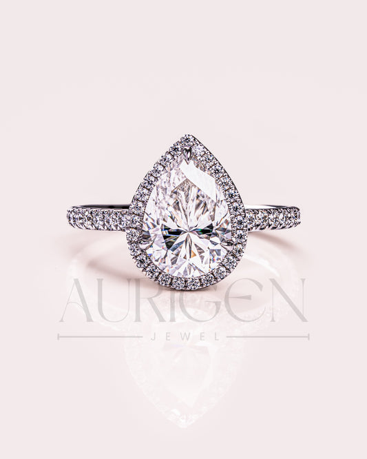Pear Cut Halo & Pave Engagement Ring with Moissanite and Lab Diamond – 14K Solid Gold