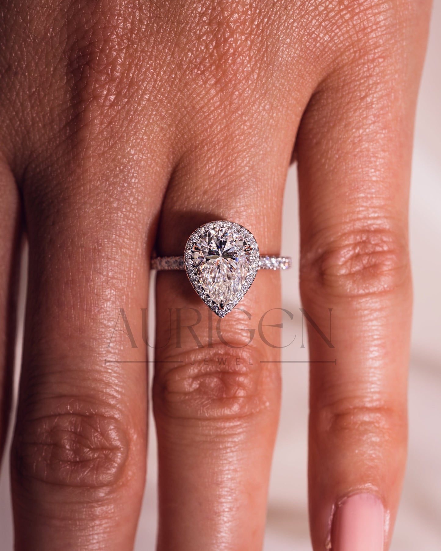 Pear Cut Halo & Pave Engagement Ring with Moissanite and Lab Diamond – 14K Solid Gold