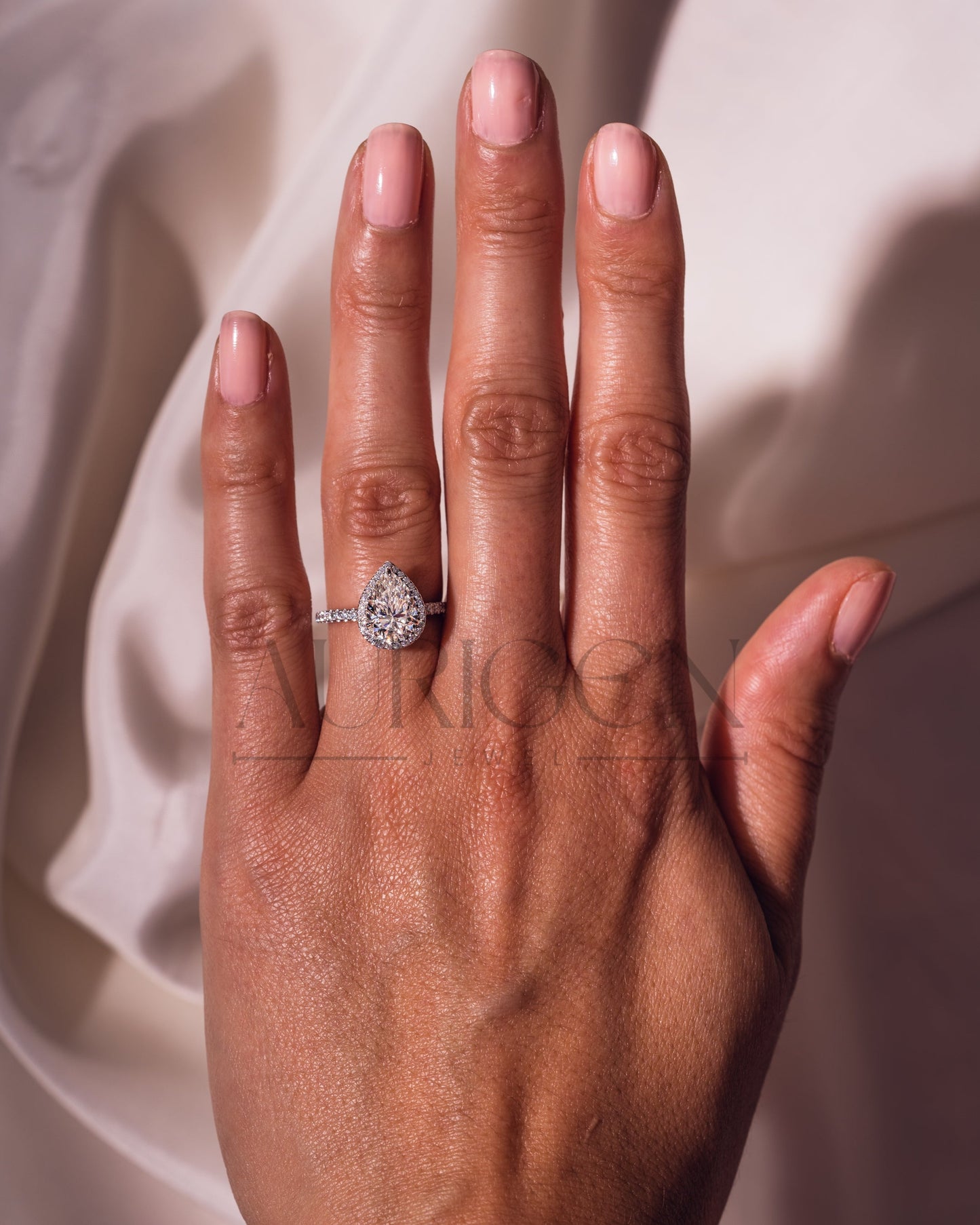 Pear Cut Halo & Pave Engagement Ring with Moissanite and Lab Diamond – 14K Solid Gold