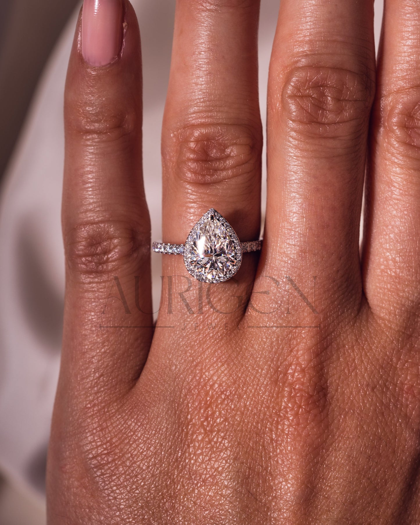 Pear Cut Halo & Pave Engagement Ring with Moissanite and Lab Diamond – 14K Solid Gold
