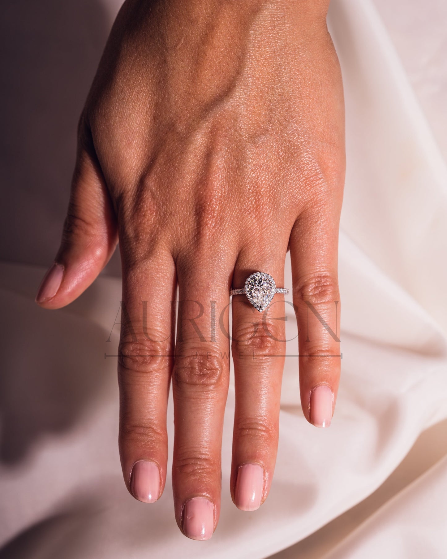 Pear Cut Halo & Pave Engagement Ring with Moissanite and Lab Diamond – 14K Solid Gold