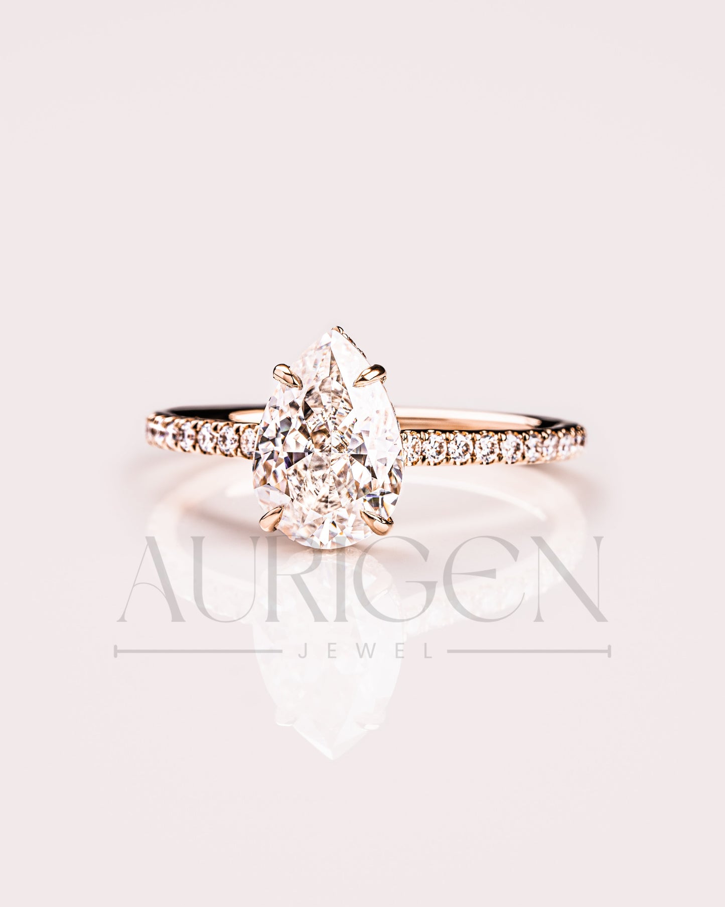 Pear Cut Lab Grown and Moissanite Diamond Ring with Pave in 14K Solid Gold
