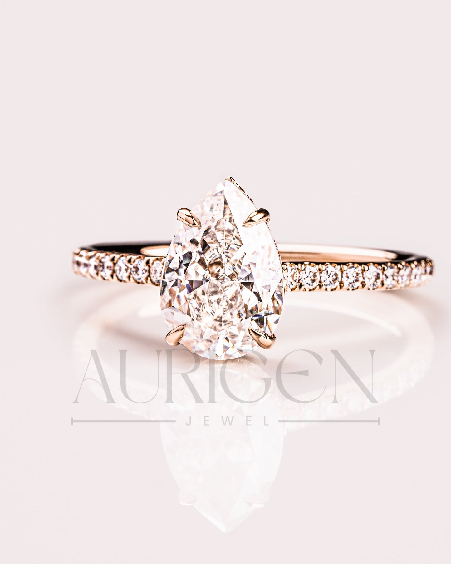 Pear Cut Lab Grown and Moissanite Diamond Ring with Pave in 14K Solid Gold