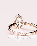 Pear Cut Lab Grown and Moissanite Diamond Ring with Pave in 14K Solid Gold