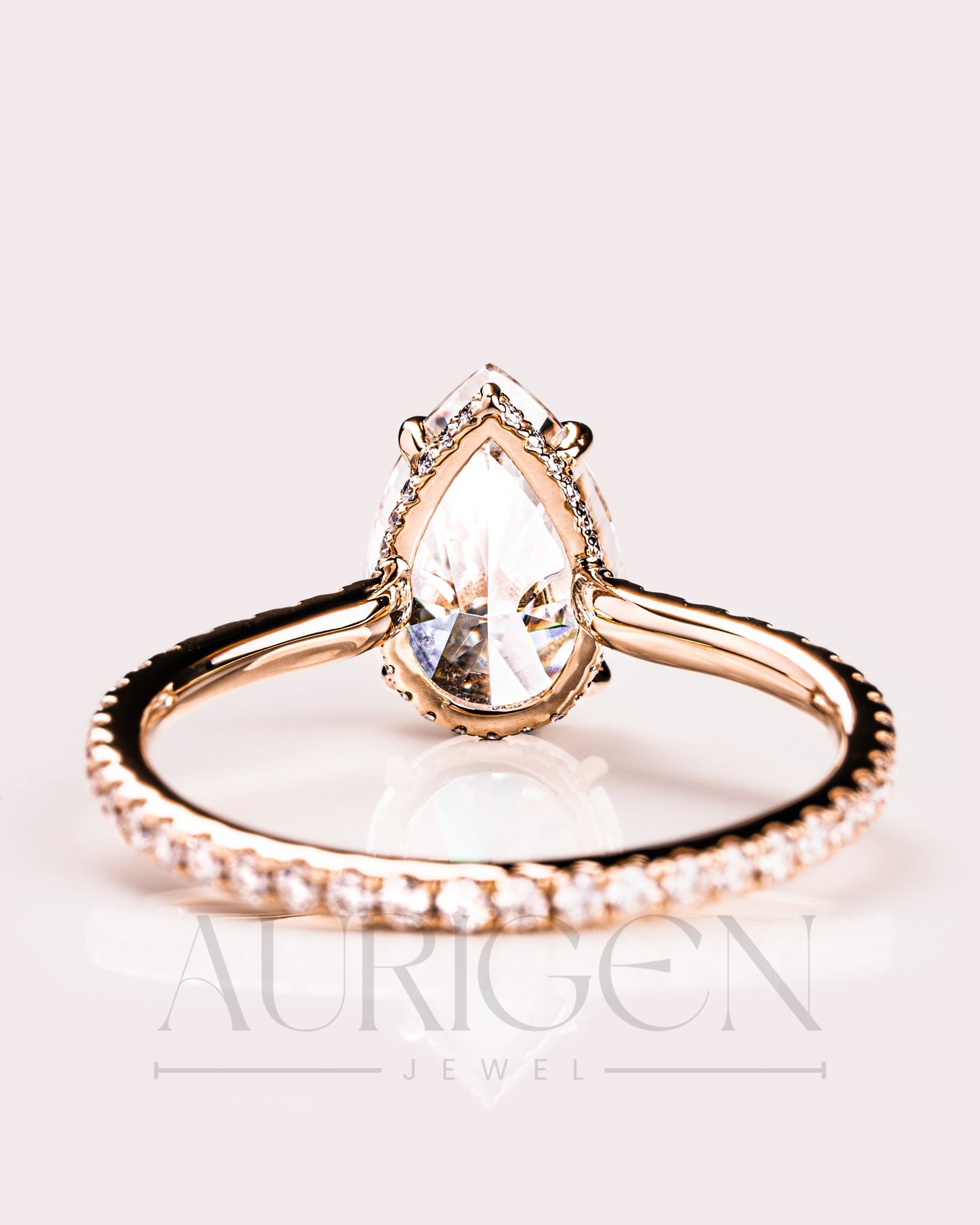 Pear Cut Lab Grown and Moissanite Diamond Ring with Pave in 14K Solid Gold