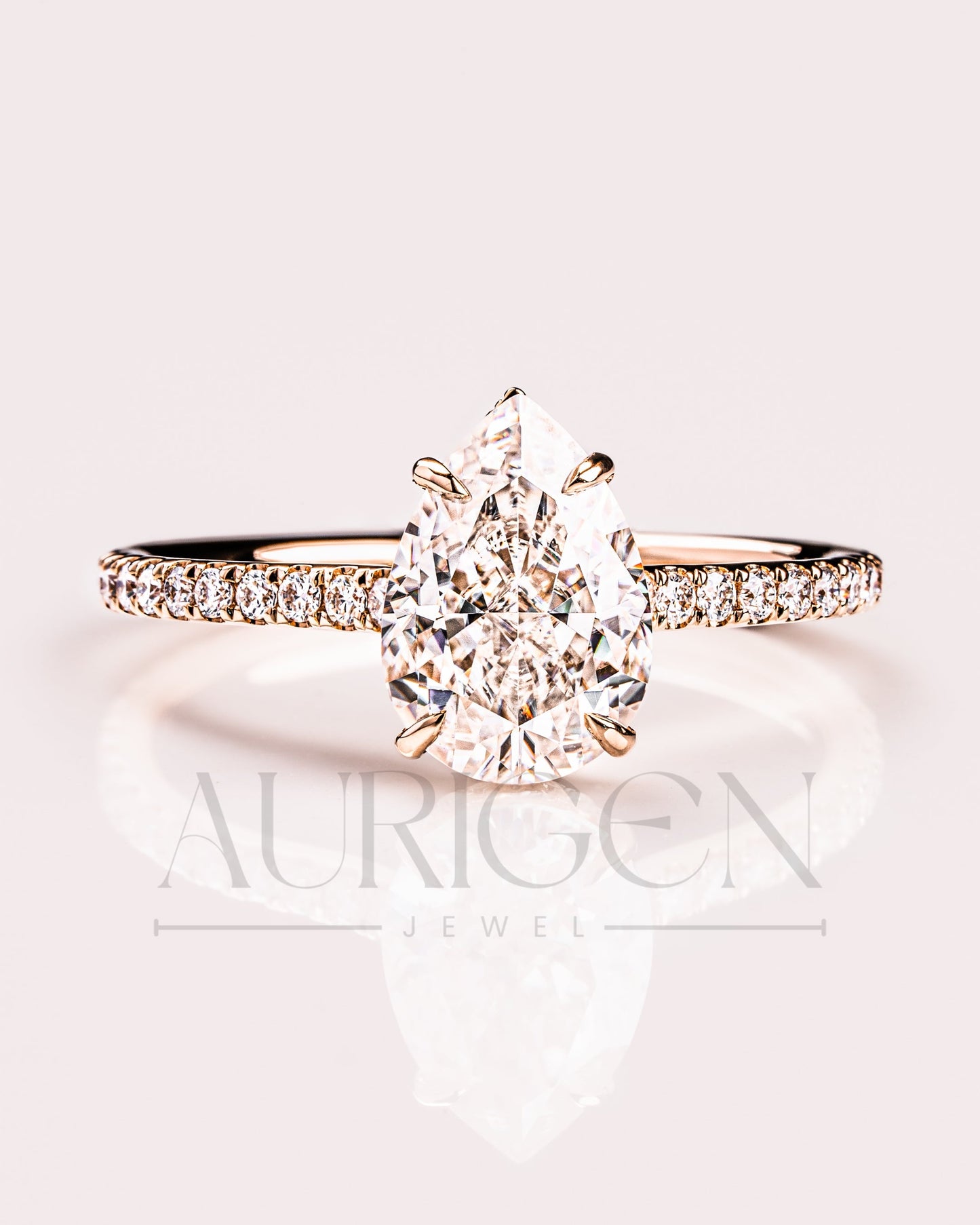 Pear Cut Lab Grown and Moissanite Diamond Ring with Pave in 14K Solid Gold