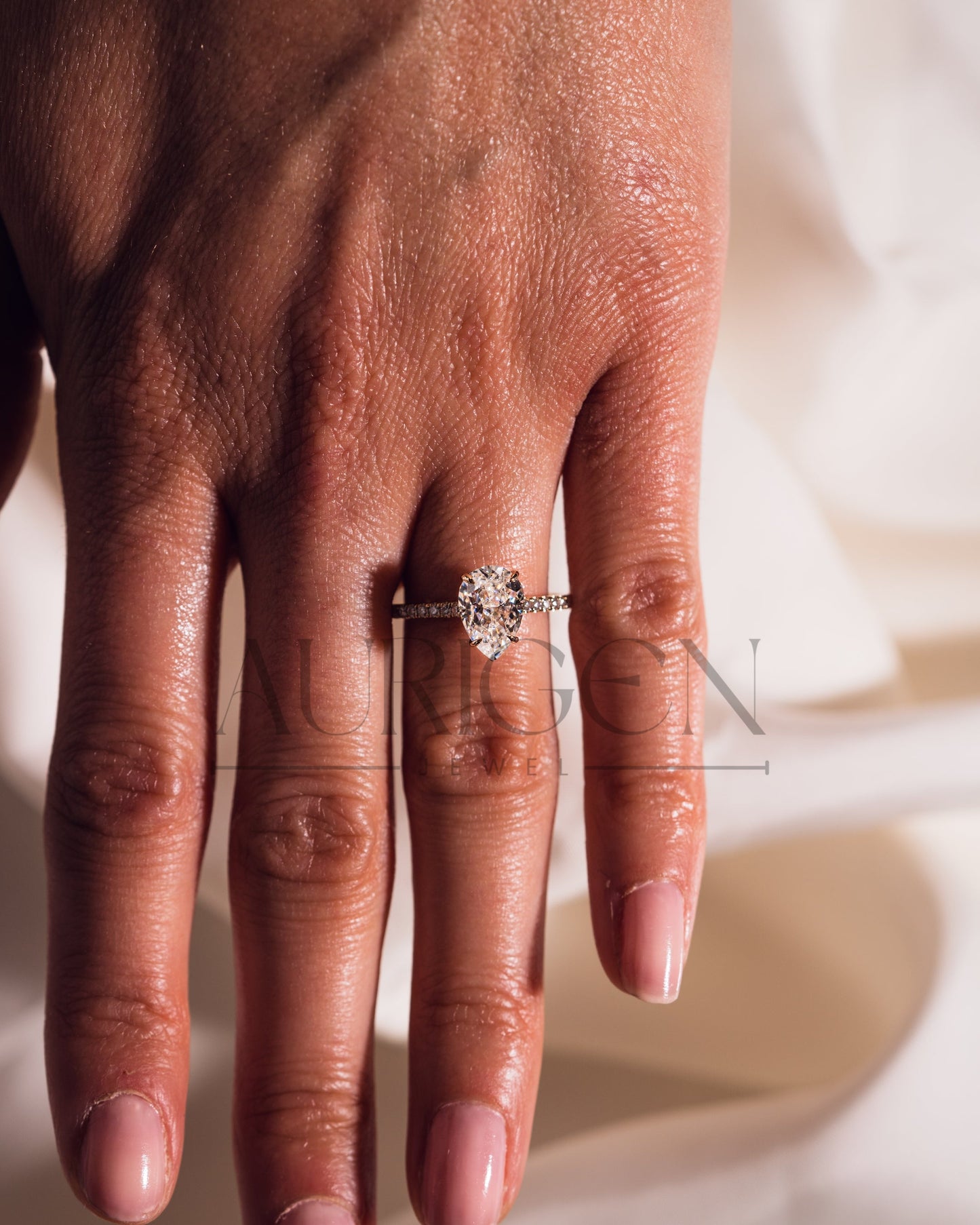 Pear Cut Lab Grown and Moissanite Diamond Ring with Pave in 14K Solid Gold