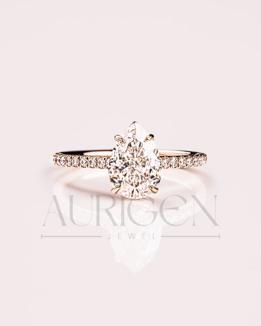Pear Cut Lab Grown and Moissanite Diamond Ring with Pave in 14K Solid Gold