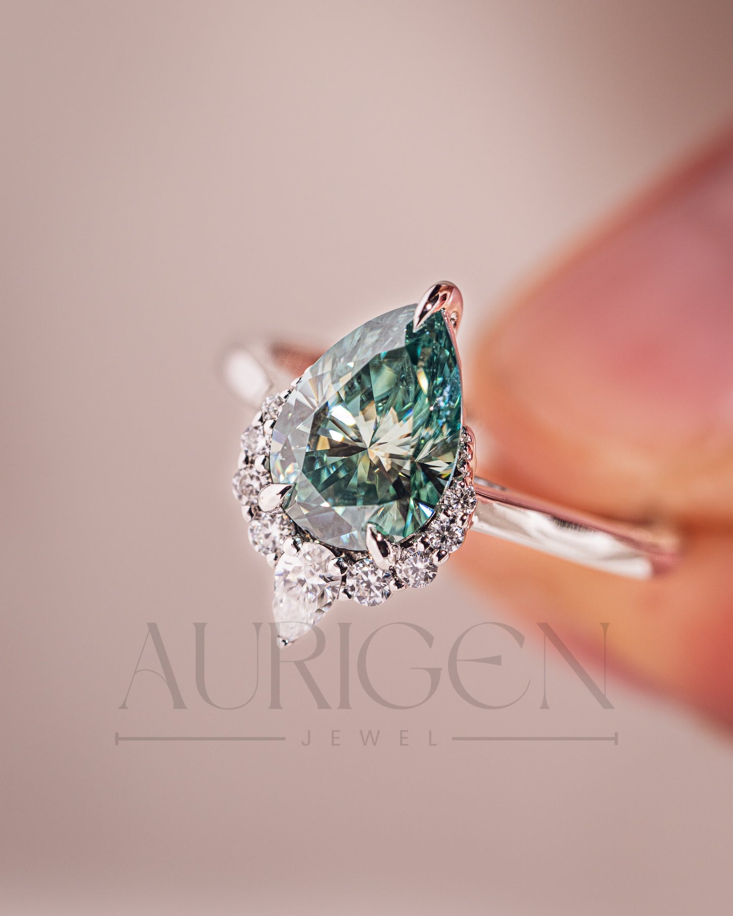 Stunning Teal Brilliant Pear Cut Moissanite and Lab Grown Engagement Ring with Halo