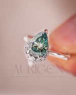 Stunning Teal Brilliant Pear Cut Moissanite and Lab Grown Engagement Ring with Halo