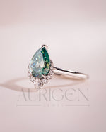 Stunning Teal Brilliant Pear Cut Moissanite and Lab Grown Engagement Ring with Halo