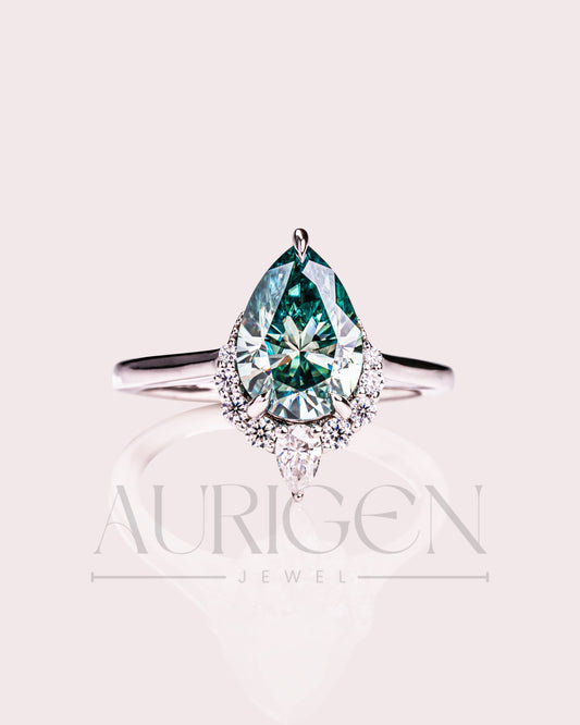 Stunning Teal Brilliant Pear Cut Moissanite and Lab Grown Engagement Ring with Halo