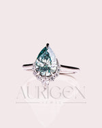 Stunning Teal Brilliant Pear Cut Moissanite and Lab Grown Engagement Ring with Halo