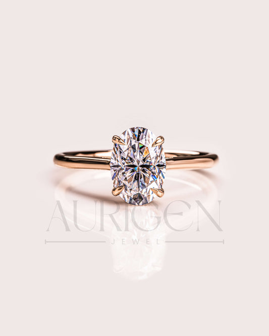 Brilliant Oval Cut Moissanite & Leb Grown Ring 4-Prong With Hidden Halo Diamond Ring